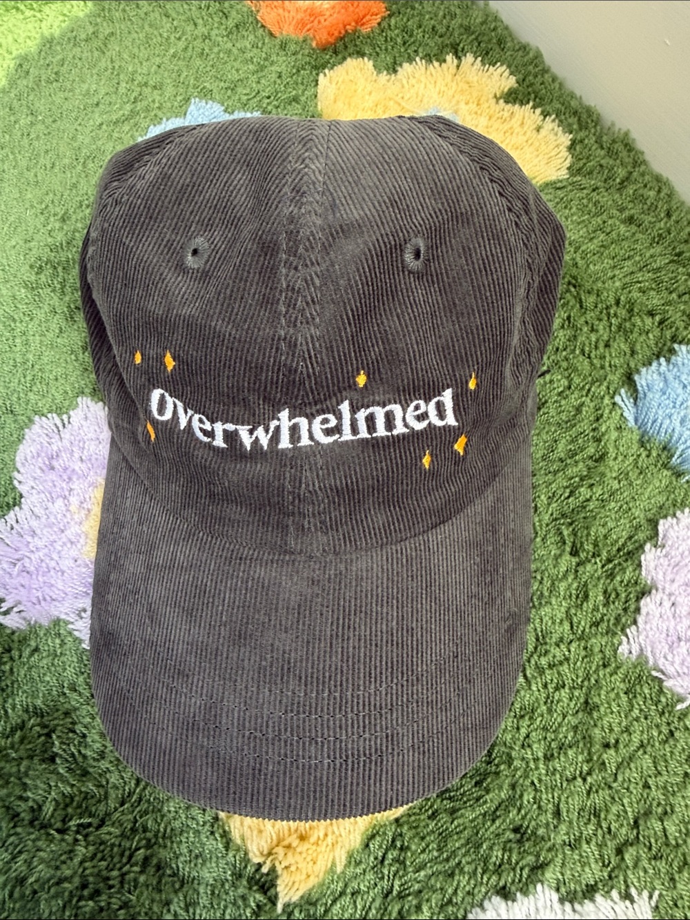 Dark Grey Corduroy 'Overwhelmed' Embroidered Baseball Cap